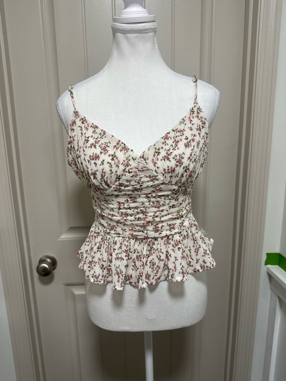 Cream Floral Ruched Peplum Cami Top